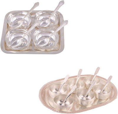 

G S Museum 4 Square Bowl with Spoon and Tray and 3" Met Finish 6 Bowl Set with Oval Tray Bowl Spoon Tray Serving Set