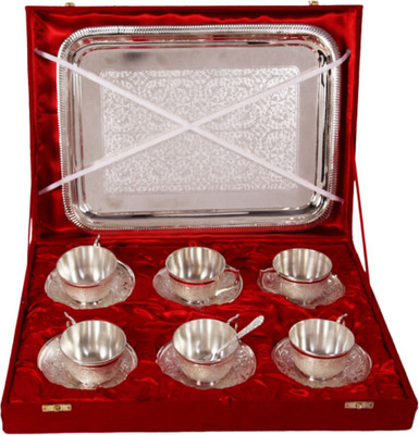 

Boontoon 6 Cup & Saucer Set with Serving Tray in German Silver Silver Plated Decorative Platter(Silver, Pack of 14)