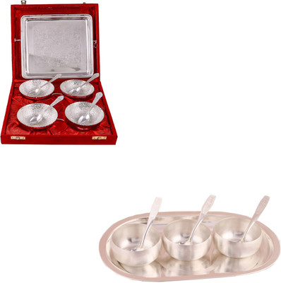 

G S Museum 4 Flower Bowl with Spoon and Tray and 3" Met Finish 3 Bowl Set with Oval Tray Bowl Spoon Tray Serving Set(Pack of 16)