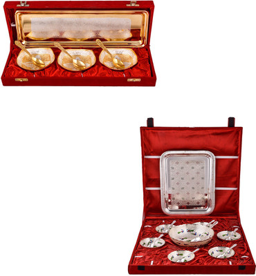 

G S Museum Silver & Gold Plated 3 Heavy Square Bowl with Spoon and Tray and Pudding Set Bowl Spoon Tray Serving Set(Pack of 22)