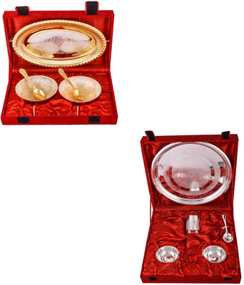 

G S Museum Silver & Gold Plated 2 Heavy Flower Bowl with Spoon and Tray and Small Thali Set Bowl Spoon Tray Serving Set