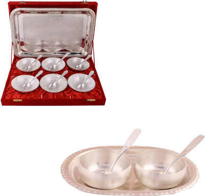 

G S Museum 6 Mor Bowl with Spoon and Tray and 3" Met Finish 2 Bowl Set with Oval Tray Bowl Spoon Tray Serving Set(Pack of 18)