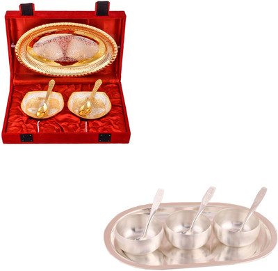 

G S Museum Silver & Gold Plated 2 Heavy Square Bowl with Spoon and Tray and 3" Met Finish 3 Bowl Set with Oval Tray Bowl Spoon Tray Serving Set