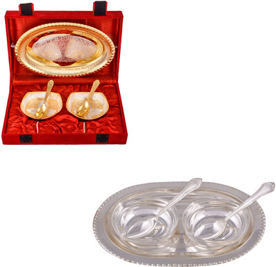 

G S Museum Silver & Gold Plated 2 Heavy Square Bowl with Spoon and Tray and 2 Square Bowl with Spoon and Tray Bowl Spoon Tray Serving Set