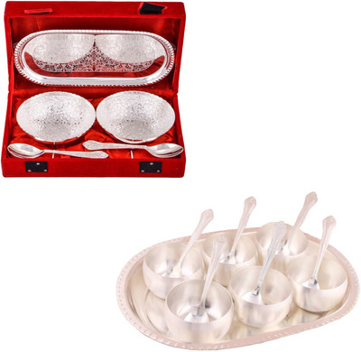 

G S Museum 2 Flower Bowl with Spoon and Tray and 3.5" Met 6 Finish Bowl Set with Oval Tray Bowl Spoon Tray Serving Set
