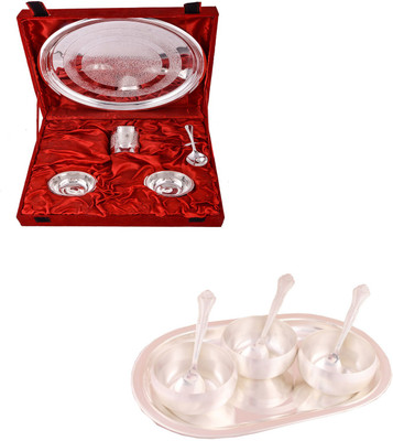 

G S Museum Small Thali Set and 3.5" Met Finish 3 Bowl Set with Oval Tray Bowl Spoon Tray Serving Set(Pack of 12)