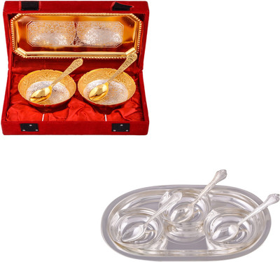 

G S Museum Silver & Gold Plated 2 Mini Flower Bowl with Spoon and Tray and 3 Square Bowl with Spoon and Tray Bowl Spoon Tray Serving Set