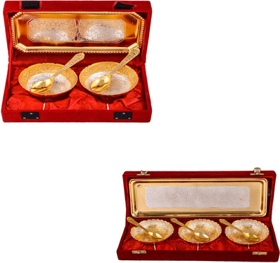 

G S Museum Silver & Gold Plated 2 Mini Flower Bowl with Spoon and Tray and Silver & Gold Plated 3 Heavy Dil Bowl with Spoon and Tray Bowl Spoon Tray Serving Set