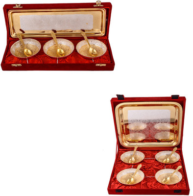 

G S Museum Silver & Gold Plated 3 Heavy Flower Bowl with Spoon and Tray and Silver & Gold Plated 4 Heavy Flower Bowl with Spoon and Tray Bowl Spoon Tray Serving Set