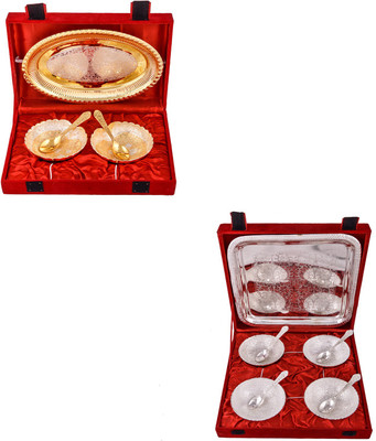 

G S Museum Silver & Gold Plated 2 Heavy Dil Bowl with Spoon and Tray and 4 Mor Bowl with Spoon and Tray Bowl Spoon Tray Serving Set