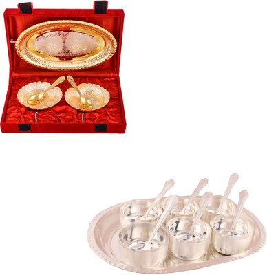 

G S Museum Silver & Gold Plated 2 Heavy Dil Bowl with Spoon and Tray and Premium 6 Bowl Set with Oval Tray Bowl Spoon Tray Serving Set