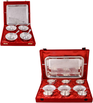 

G S Museum 4 Flower Bowl with Spoon and Tray and 6 Cup Plate Set with Tray Bowl Spoon Tray Serving Set(Pack of 22)