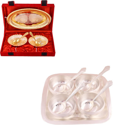 

G S Museum Silver & Gold Plated 2 Heavy Dil Bowl with Spoon and Tray and 3.5" Met Finish 4 Bowl Set with Rectangle Tray Bowl Spoon Tray Serving Set