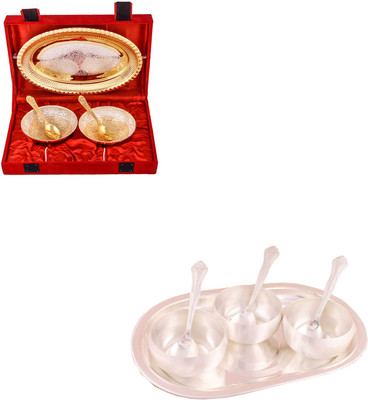 

G S Museum Silver & Gold Plated 2 Heavy Flower Bowl with Spoon and Tray and 3.5" Met Finish 3 Bowl Set with Oval Tray Bowl Spoon Tray Serving Set