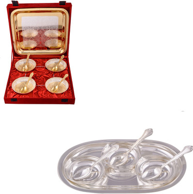 

G S Museum Silver & Gold Plated 4 Heavy Flower Bowl with Spoon and Tray and 3 Square Bowl with Spoon and Tray Bowl Spoon Tray Serving Set(Pack of 16)