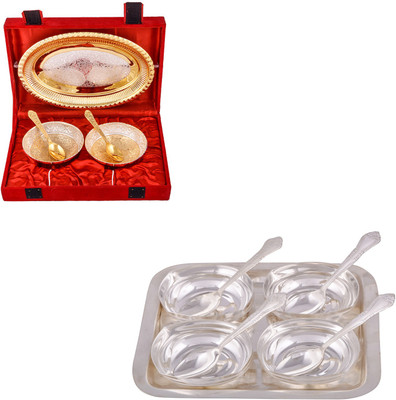 

G S Museum Silver & Gold Plated 2 Heavy Flower Bowl with Spoon and Tray and 4 Square Bowl with Spoon and Tray Bowl Spoon Tray Serving Set