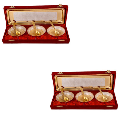 

G S Museum Silver & Gold Plated 3 Heavy Flower Bowl with Spoon and Tray 2 Sets Bowl Spoon Tray Serving Set
