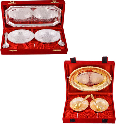 

G S Museum 2 Mor Bowl with Spoon and Tray and Silver & Gold Plated 2 Heavy Dil Bowl with Spoon and Tray Bowl Spoon Tray Serving Set