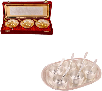 

G S Museum Silver & Gold Plated 3 Heavy Dil Bowl with Spoon and Tray and 3" Met Finish 6 Bowl Set with Oval Tray Bowl Spoon Tray Serving Set(Pack of 20)