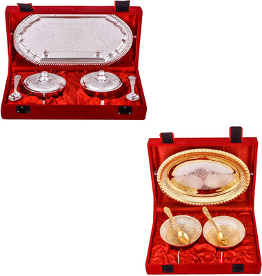 

G S Museum Supari Set with Spoon and Silver & Gold Plated 2 Heavy Flower Bowl with Spoon and Tray Bowl Spoon Tray Serving Set