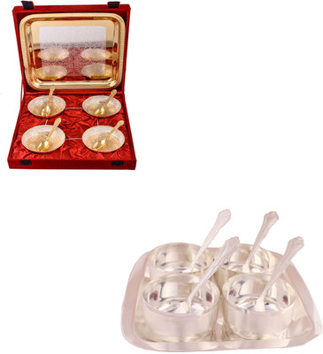 

G S Museum Silver & Gold Plated 4 Heavy Flower Bowl with Spoon and Tray and Premium 4 Bowl Set with Rectangle Tray Bowl Spoon Tray Serving Set(Pack of 18)