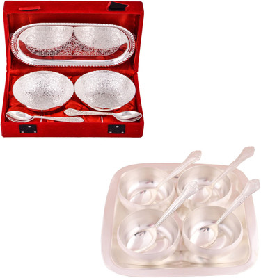 

G S Museum 2 Flower Bowl with Spoon and Tray and 3.5" Met Finish 4 Bowl Set with Rectangle Tray Bowl Spoon Tray Serving Set