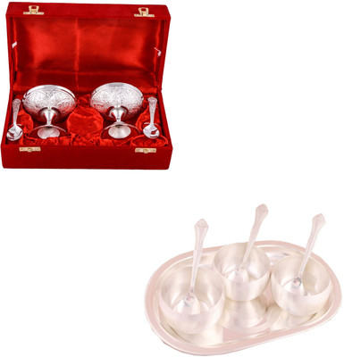 

G S Museum 2 Ice Cream Mug with Spoon and 3.5" Met Finish 3 Bowl Set with Oval Tray Bowl Spoon Tray Serving Set