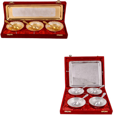 

G S Museum Silver & Gold Plated 3 Heavy Dil Bowl with Spoon and Tray and 4 Flower Bowl with Spoon and Tray Bowl Spoon Tray Serving Set(Pack of 16)