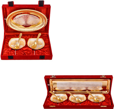 

G S Museum Silver & Gold Plated 2 Heavy Square Bowl with Spoon and Tray and Silver & Gold Plated 3 Heavy Square Bowl with Spoon and Tray Bowl Spoon Tray Serving Set