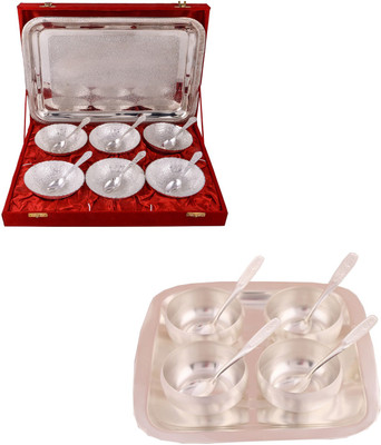 

G S Museum 6 Mor Bowl with Spoon and Tray and 3" Met Finish 4 Bowl Set with Rectangle Tray Bowl Spoon Tray Serving Set(Pack of 22)