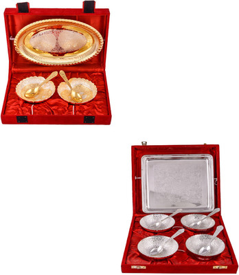 

G S Museum Silver & Gold Plated 2 Heavy Dil Bowl with Spoon and Tray and 4 Flower Bowl with Spoon and Tray Bowl Spoon Tray Serving Set