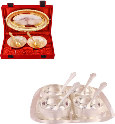 

G S Museum Silver & Gold Plated 2 Heavy Flower Bowl with Spoon and Tray and Premium 4 Bowl Set with Rectangle Tray Bowl Spoon Tray Serving Set