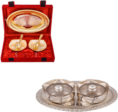 

G S Museum Silver & Gold Plated 2 Heavy Square Bowl with Spoon and Tray and 2 Small Tai Loti Set Bowl Spoon Tray Serving Set