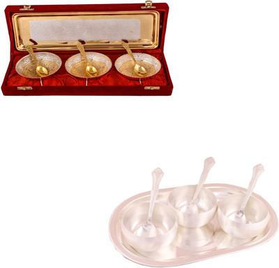 

G S Museum Silver & Gold Plated 3 Heavy Flower Bowl with Spoon and Tray and 3.5" Met Finish 3 Bowl Set with Oval Tray Bowl Spoon Tray Serving Set(Pack of 14)