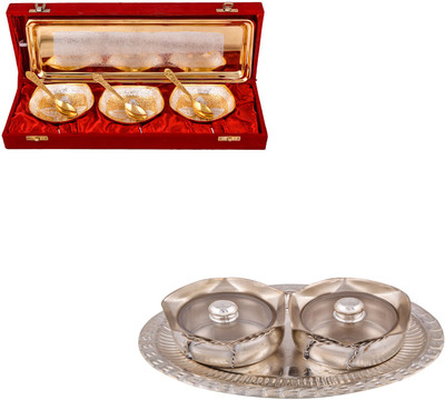 

G S Museum Silver & Gold Plated 3 Heavy Square Bowl with Spoon and Tray and 2 Small Tai Loti Set Bowl Spoon Tray Serving Set(Pack of 10)