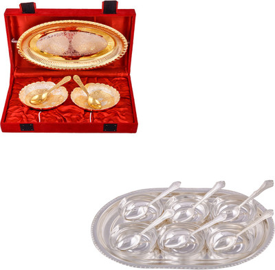 

G S Museum Silver & Gold Plated 2 Heavy Dil Bowl with Spoon and Tray and 6 Square Bowl with Spoon and Tray Bowl Spoon Tray Serving Set