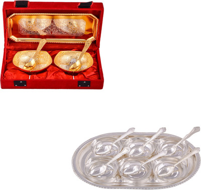 

G S Museum Silver & Gold Plated 2 Mini Square Bowl with Spoon and Tray and 6 Square Bowl with Spoon and Tray Bowl Spoon Tray Serving Set