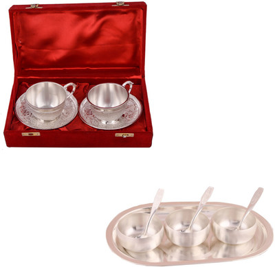G S Museum 2 Cup Plate Set and 3" Met Finish 3 Bowl Set with Oval Tray Bowl Spoon Tray Serving Set(Pack of 11)