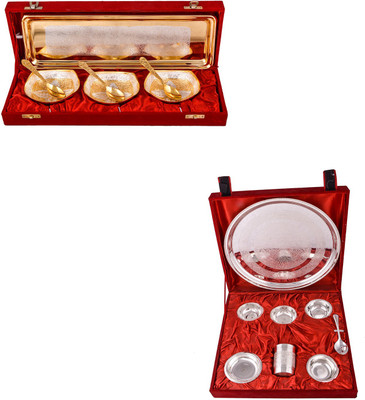 

G S Museum Silver & Gold Plated 3 Heavy Square Bowl with Spoon and Tray and Big Thali Set Bowl Spoon Tray Serving Set(Pack of 15)