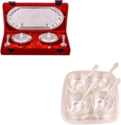 

G S Museum Supari Set with Spoon and 3.5" Met Finish 4 Bowl Set with Rectangle Tray Bowl Spoon Tray Serving Set