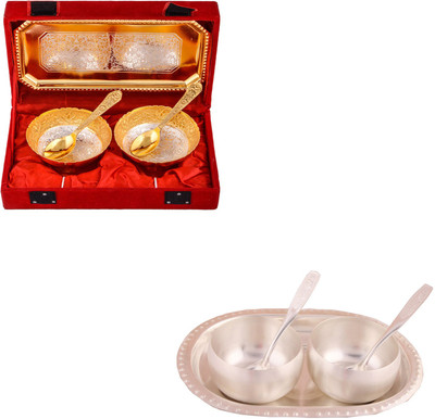 

G S Museum Silver & Gold Plated 2 Mini Flower Bowl with Spoon and Tray and 3" Met Finish 2 Bowl Set with Oval Tray Bowl Spoon Tray Serving Set