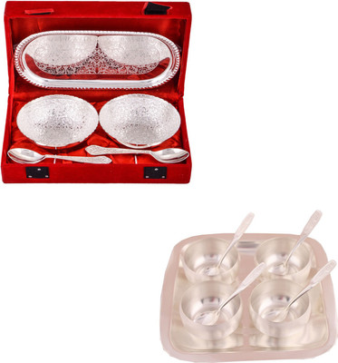 

G S Museum 2 Flower Bowl with Spoon and Tray and 3" Met Finish 4 Bowl Set with Rectangle Tray Bowl Spoon Tray Serving Set