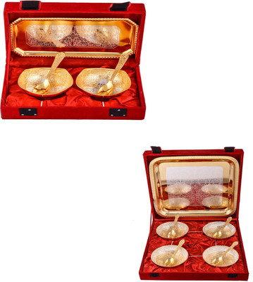 

G S Museum Silver & Gold Plated 2 Mini Square Bowl with Spoon and Tray and Silver & Gold Plated 4 Heavy Flower Bowl with Spoon and Tray Bowl Spoon Tray Serving Set