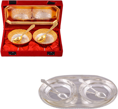 

G S Museum Silver & Gold Plated 2 Mini Flower Bowl with Spoon and Tray and 2 6" Bowl with Spoon and Tray Bowl Spoon Tray Serving Set