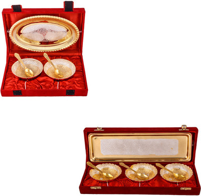 

G S Museum Silver & Gold Plated 2 Heavy Flower Bowl with Spoon and Tray and Silver & Gold Plated 3 Heavy Dil Bowl with Spoon and Tray Bowl Spoon Tray Serving Set