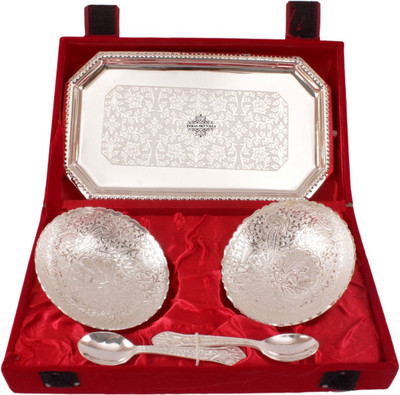 

IndianArtVilla Beautiful Gift Pack of 2 Bowl,2 Spoon & 1Tray,Diwali Purpose Silver Plated Decorative Platter(Silver, Pack of 5)