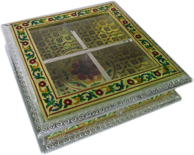 

Creative Meenakari Work With Transparent Dryfruit Box Wooden Decorative Platter(Gold)