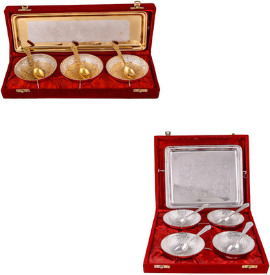 

G S Museum Silver & Gold Plated 3 Heavy Flower Bowl with Spoon and Tray and 4 Flower Bowl with Spoon and Tray Bowl Spoon Tray Serving Set