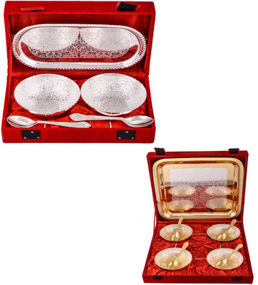 

G S Museum 2 Flower Bowl with Spoon and Tray and Silver & Gold Plated 4 Heavy Flower Bowl with Spoon and Tray Bowl Spoon Tray Serving Set