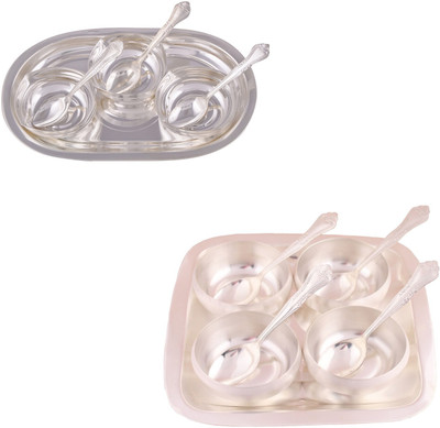 

G S Museum 3 Square Bowl with Spoon and Tray and 3.5" Met Finish 4 Bowl Set with Rectangle Tray Bowl Spoon Tray Serving Set